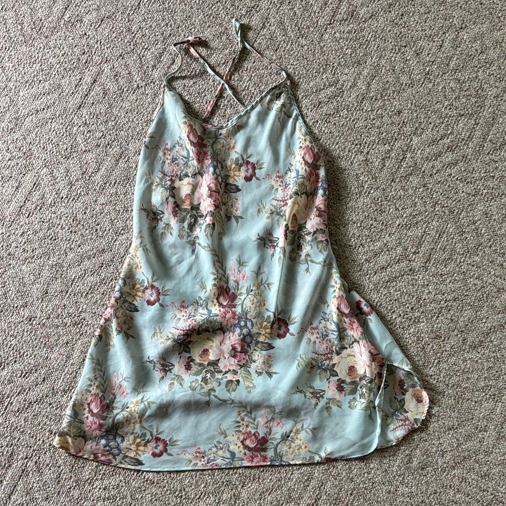 Victoria's Secret Pale Blue Floral Slip Dress with Pink Roses